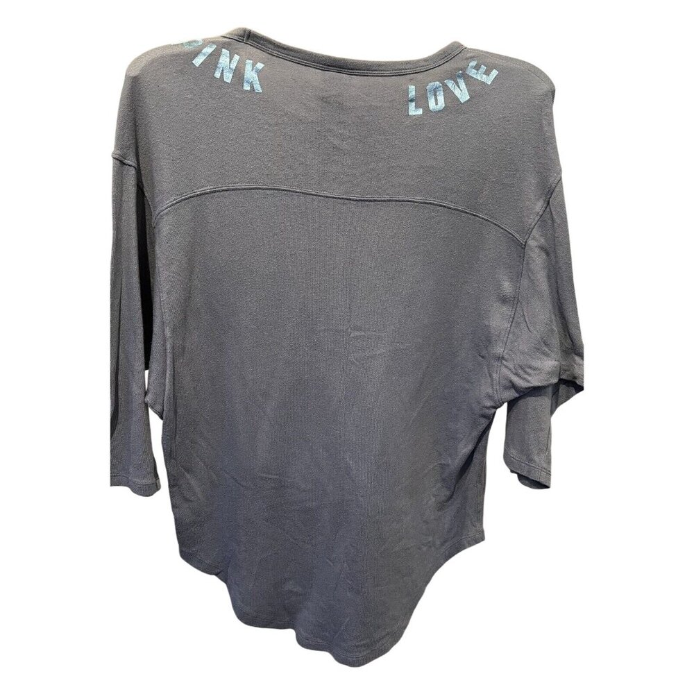 Victorias Secret Pink Love Sequin Logo Gray 3/4 Sleeve Tee XS 100% Cotton - Picture 4 of 7